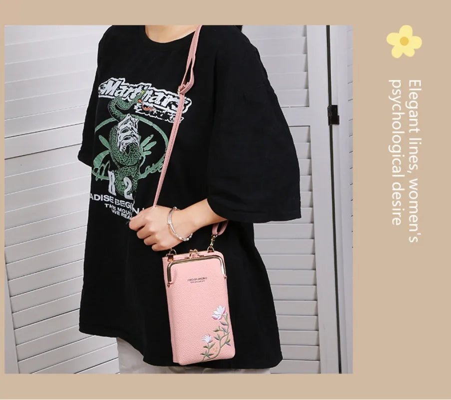 Women's Long Embroidered Mobile Phone bag Female Shoulder Straps Handbag Crossbody Bag Ladies Wallet Coin Purses Cards Holder