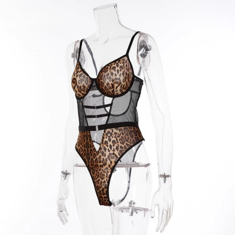 Women Sexy Lace Erotic Printed Leopard Print Hollow Out Bodysuit Breathable Bra