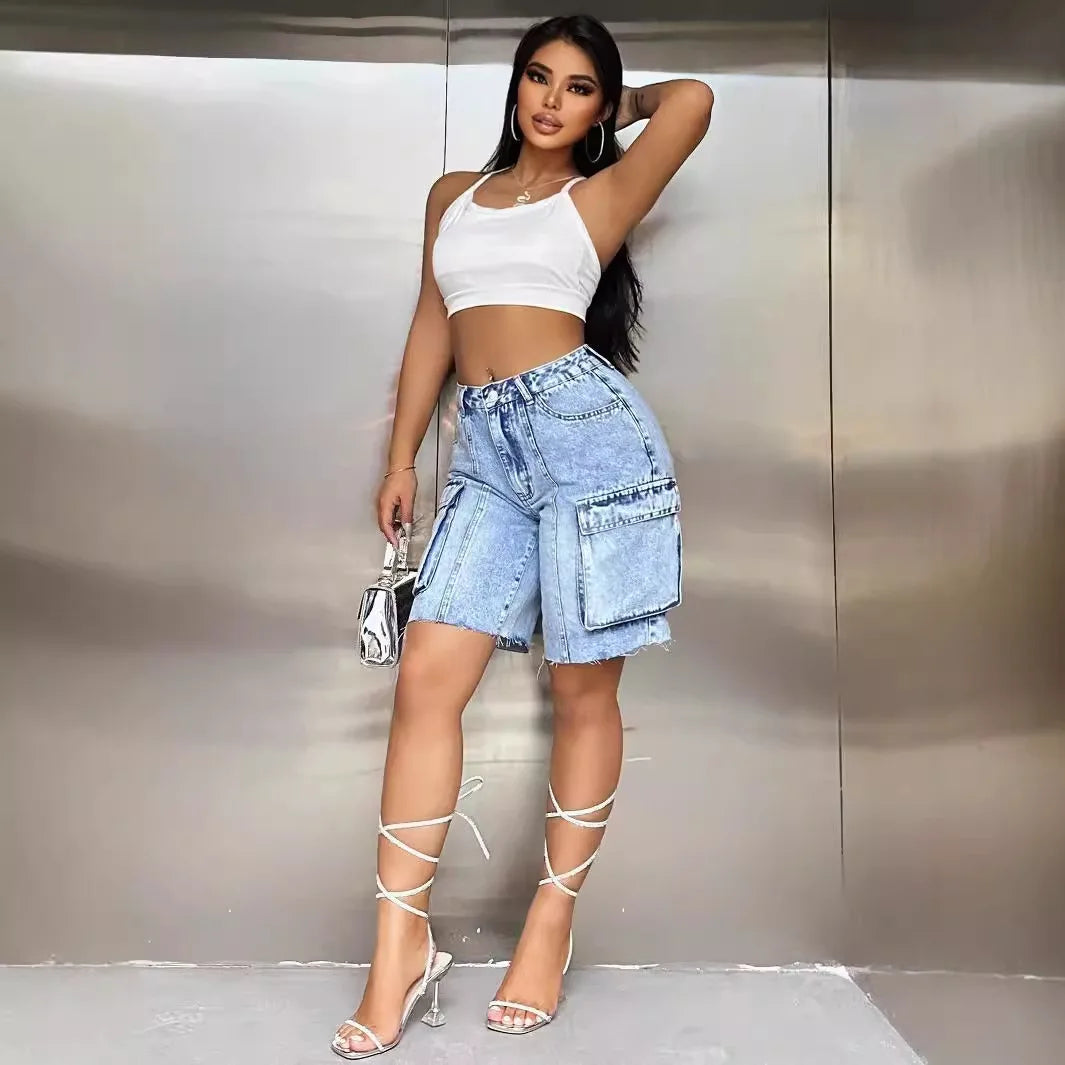Women's High Waist Big Pocket Loose Tooling Denim Shorts Baggy Jeans Women