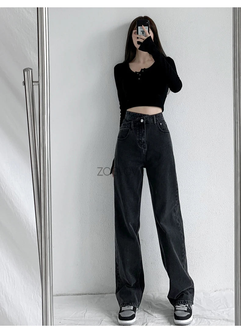 ZOENOVA Y2K 2023 Women Clothing Cross Waist Straight Wide Leg Pants Chic Korean Casual Commuting Style Baggy Streetwear Jeans