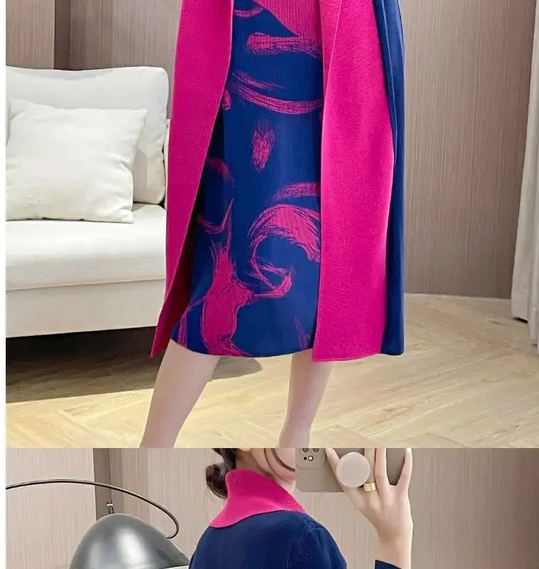 Folded Fake Two Piece Dress 2025 Spring Large Sleeves Round Neck Printed Mom's Dress  Y2k Dress