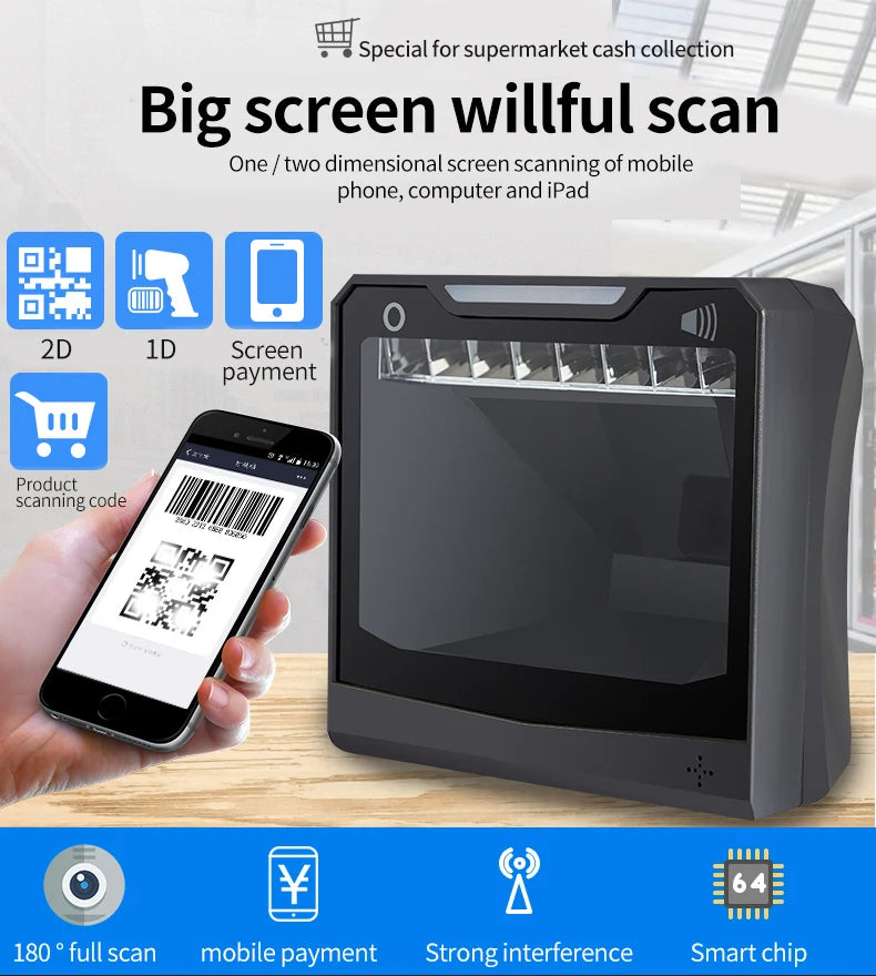 1D/2D  Supermarket Handhel  Barcode Bar  Code Scanner  Reader QR   PDF417 Bluetooth 2.4G Wireless &Wired USB Platform