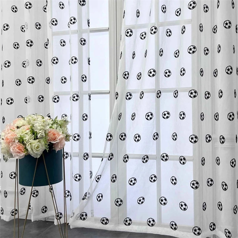 Football Embroidered Curtains, Tulle Curtain for Childrens Room, White Soccer Drapes for Living Room Bedroom Window Decoration