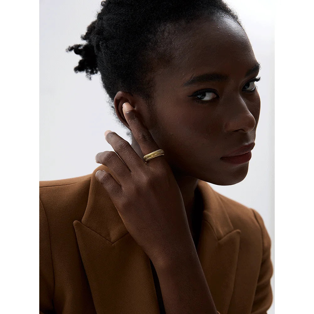 Yhpup Fashion Stainless Steel Round Elastic Open Ring 2023 Minimalist 18K PVD Plated Metal Classic Texture Jewelry Anillo Bijoux