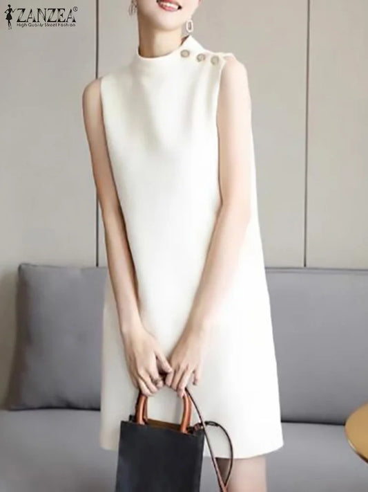 2024 ZANZEA Office OL Sundress Fashion Summer Dress Women Sleeveless O-Neck Party Vestidos Solid Tanks Robe Elegant Work Dress