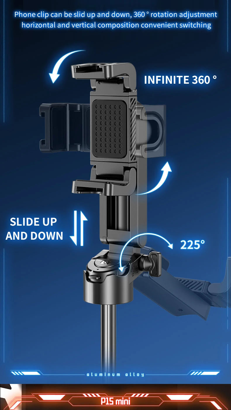 P15Mini Selfie Stick Tripod 3 in 1  Extendable Grip Phone Tripod with Detachable Remote for Vlog Livestreaming Photography