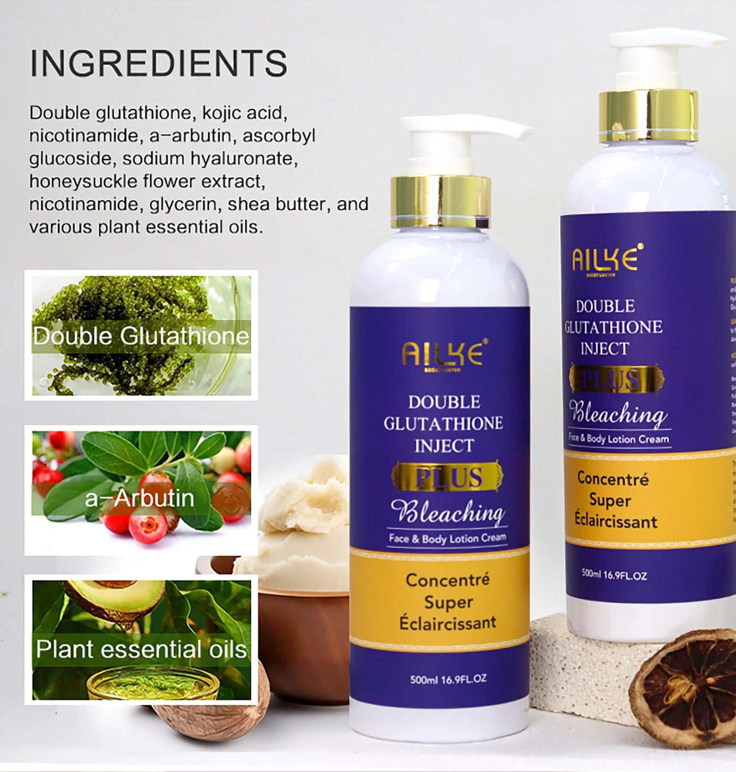 AILKE Glutathione Lighten Body Lotion, Moisturizing, Hydration, Even Skin tone, Improve Dark & Black Skin, Support Private logo