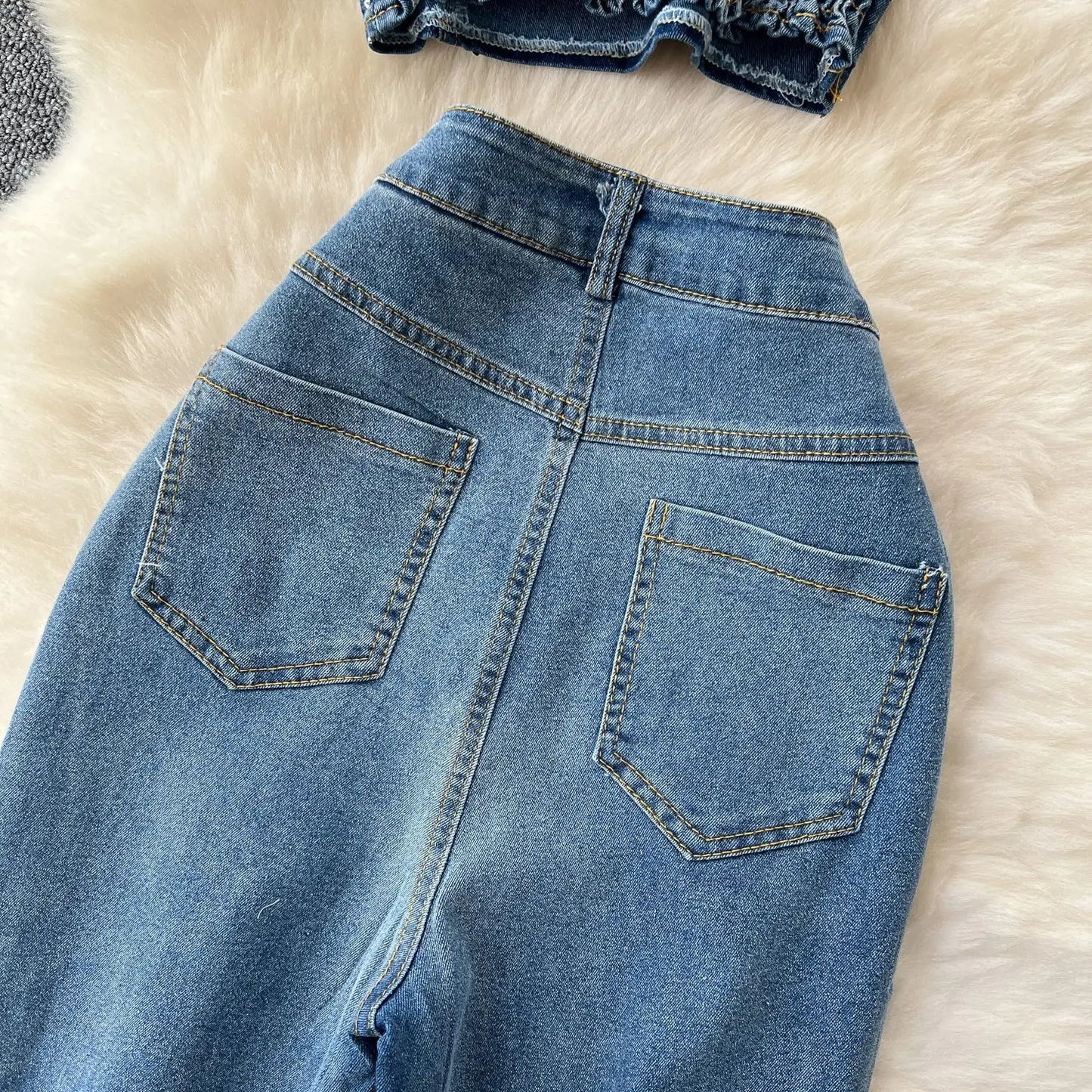 Denim Pant Set Women Two Piece Sets Sexy Matching Sets Sleeveless Short Tops Long Flare Pants High Waist Slim Hot Diamond