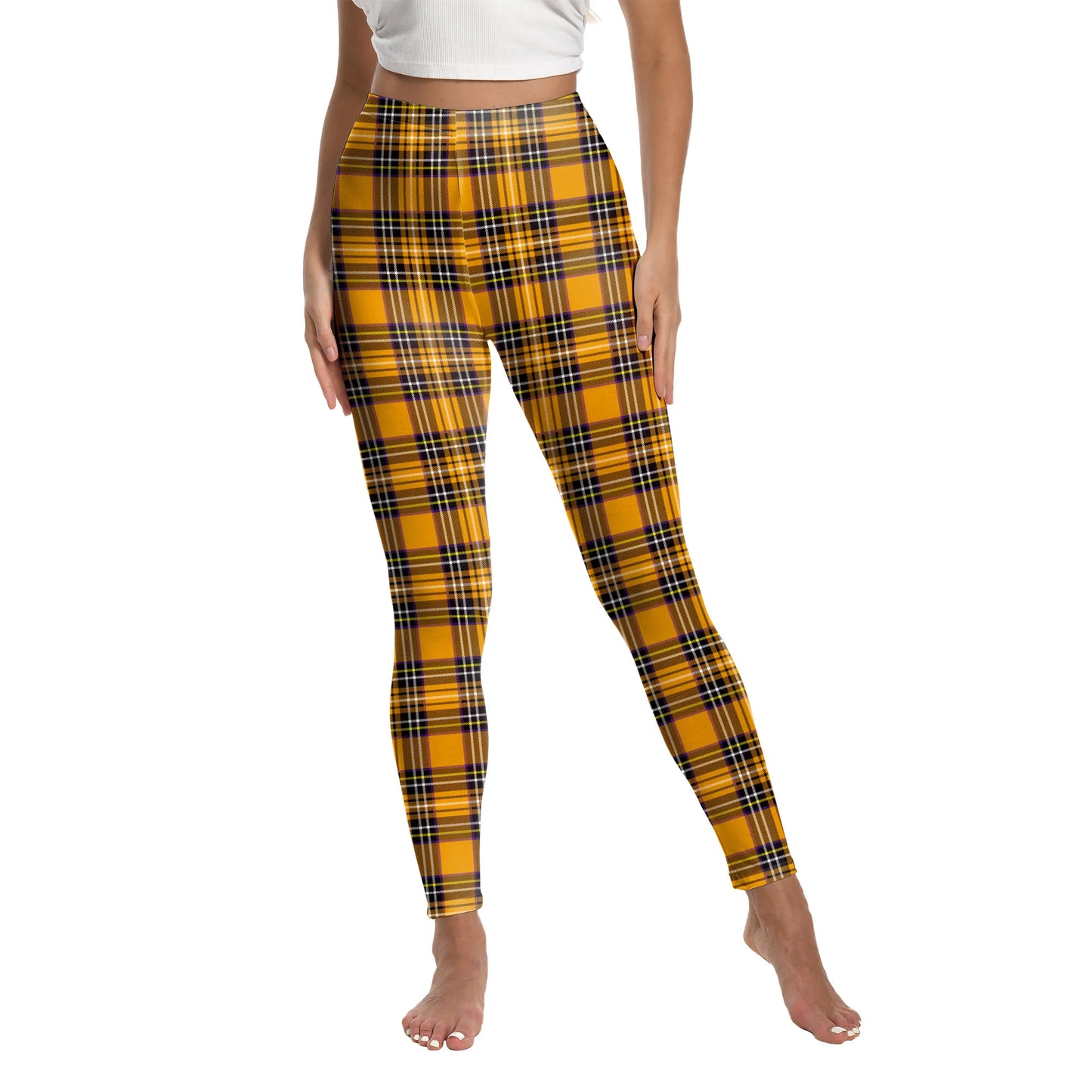 Zawaland Women Pants Yellow Tartan 3D Printing Leggings Halloween Stripe Trousers Female Elastic Tights Mid Waist Long Pants