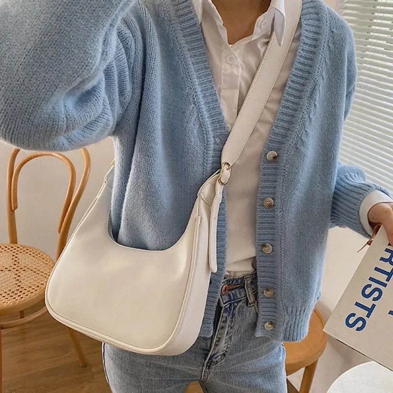 Womens Minimalist and Retro Half Moon PU Leather Shoulder Bag Casual Hundred Underarm Bag Crossbody Bag
