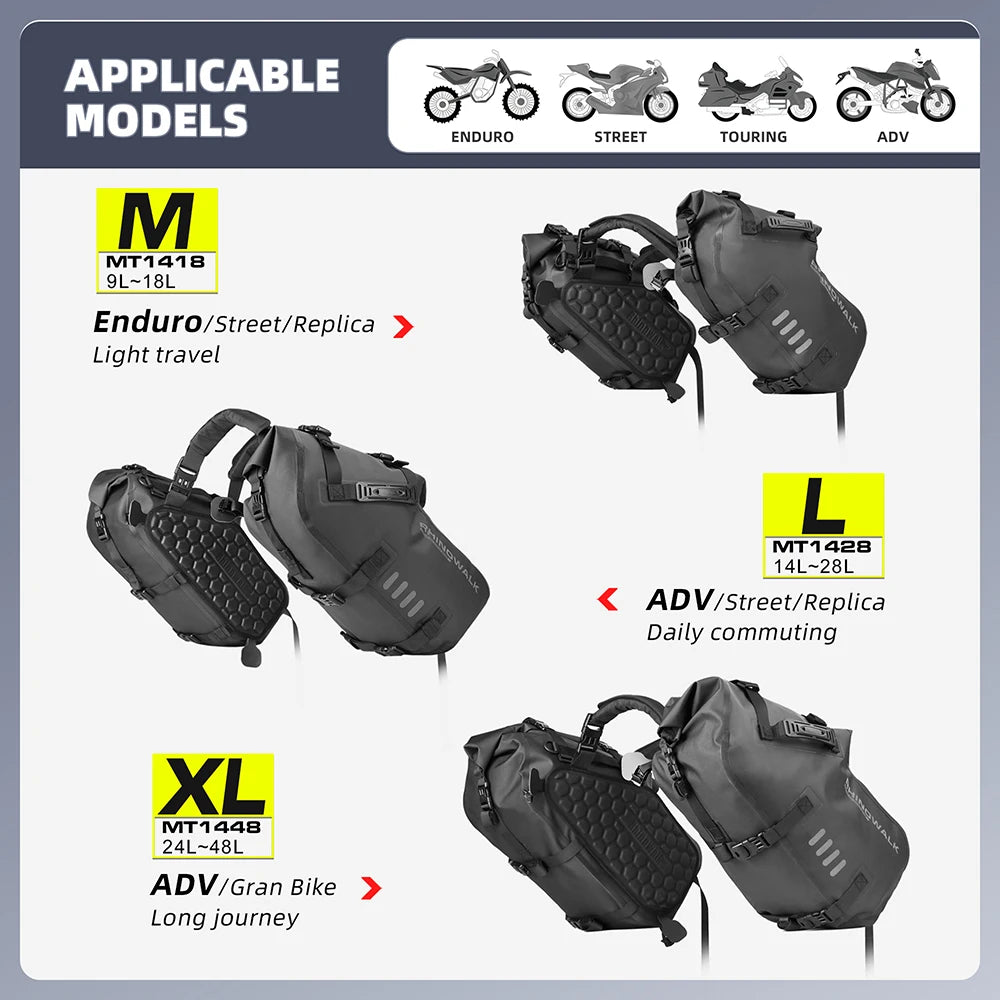Rhinowalk Motorcycle Bag 2 Pcs 100%Waterproof 18L/28L/48L Universal Fit Motorcycle Pannier Bag Saddle Bags Side Storage Luggage