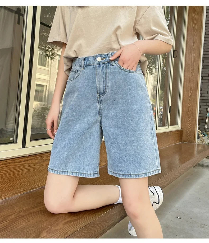 Korean Style Classic Denim Shorts Women Summer Blue High Waisted Shorts Wide Leg Pants Streetwear Stright Jeans Womens Shorts