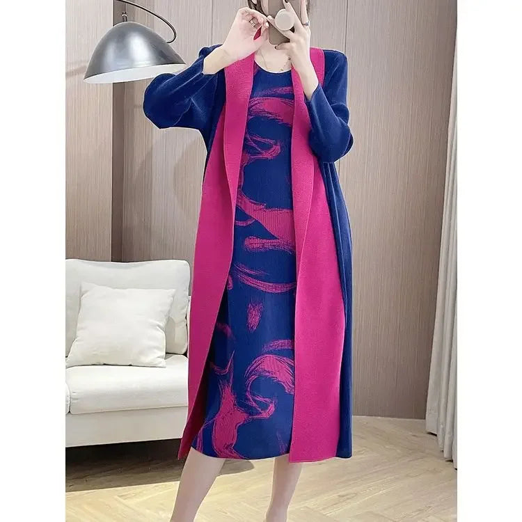 Folded Fake Two Piece Dress 2025 Spring Large Sleeves Round Neck Printed Mom's Dress  Y2k Dress