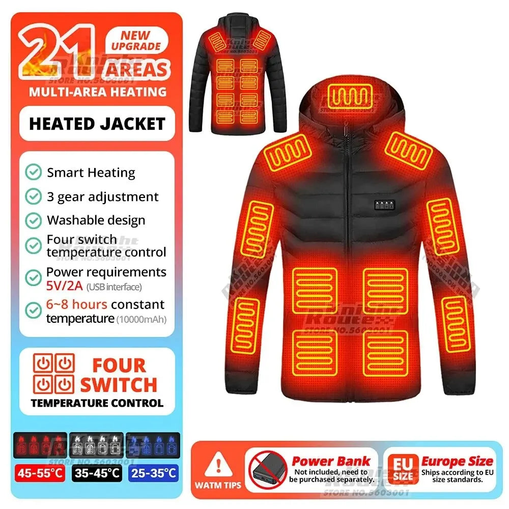 21 Areas Heated Jacket Men Electric Winter Women's Motorcycle Jacket USB Warm Vest Heating Jacket Heated Vest Coat Ski Hiking
