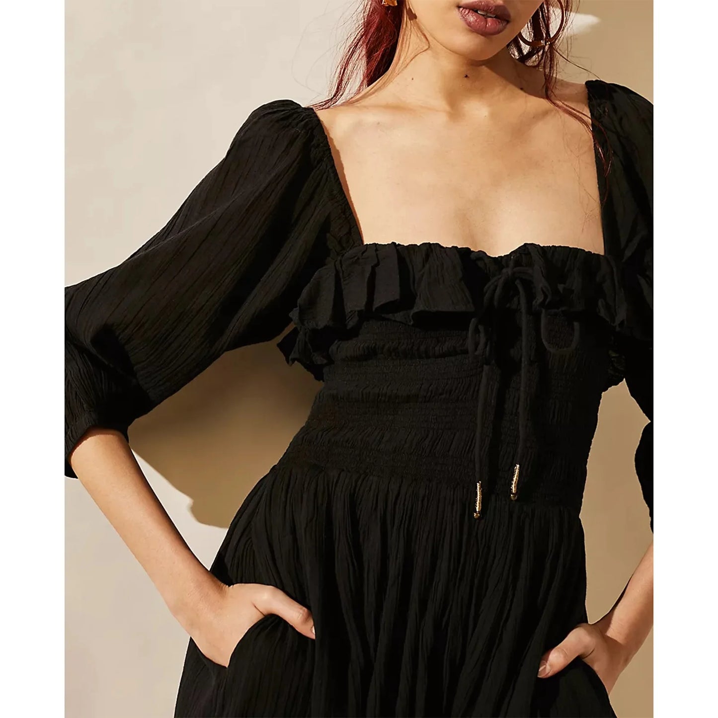 Women's Midi Dress Flowy Silhouette Ruffled Necklin High Split Dress with a Smocked Adjustable Tie at Bustline Fairycore Dresses