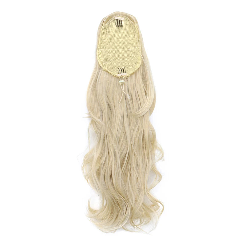 Synthetic 22Inch Long Wavy Curly Layered Ponytail Drawstring Clip in Hairpiece Black Blonde Hair for Women