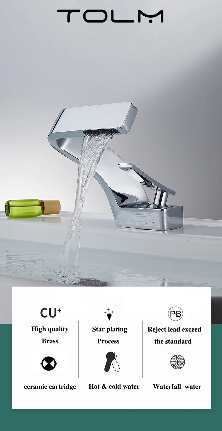 TOLM Chrome White Basin Faucet Deck Mounted Waterfall Bathroom Vessel Sink Mixer Tap Single Handle Hot Cold Water Tap