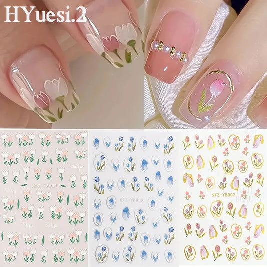 3D Tulip Flowers Nail Stickers Self Adhesive Embossed Nail Art Decals For Women Girls Summer DIY Manicure Decoration