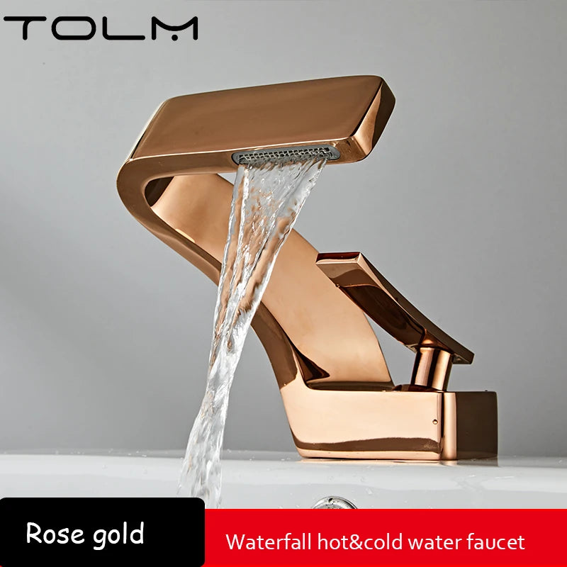 TOLM Chrome White Basin Faucet Deck Mounted Waterfall Bathroom Vessel Sink Mixer Tap Single Handle Hot Cold Water Tap