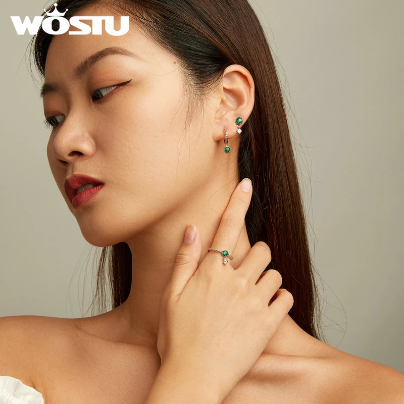 WOSTU 925 Sterling Silver Vintage Green Malachite Open Twist Rings for Women Handmade Round Natural Stone CZ Link Ring CQR853