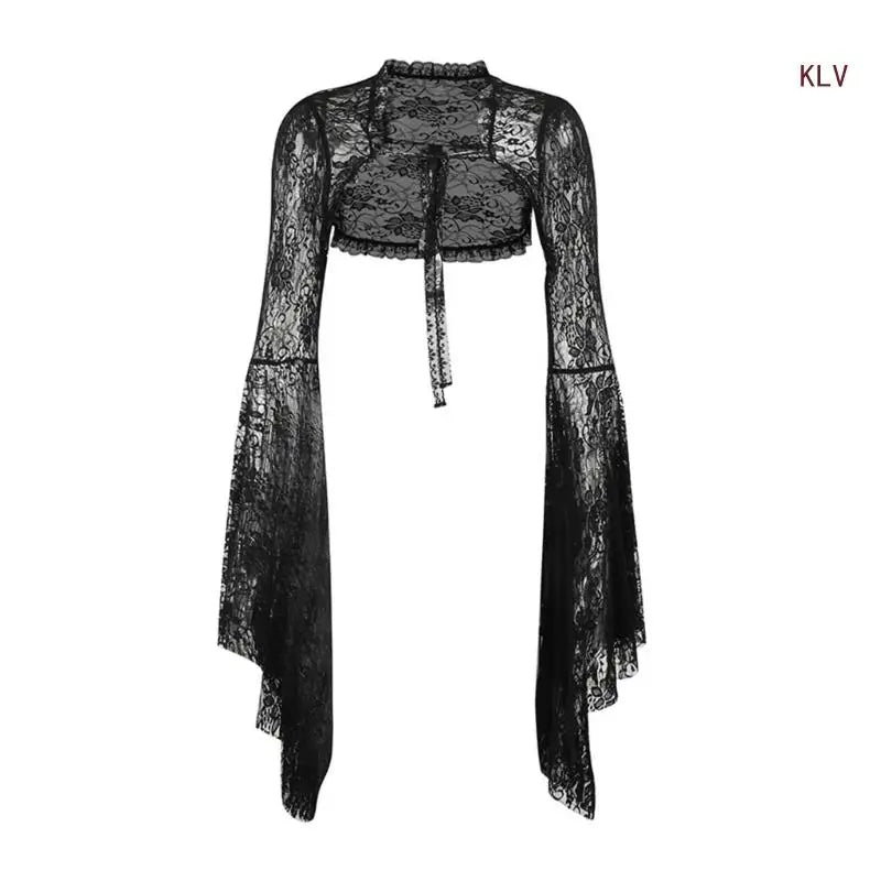 Women's Long Sleeve Crop Tops Blouses Shirt Top Punk Shrugs Cardigan Lace Mesh Crop Top Cosplay Outfits Streetwear
