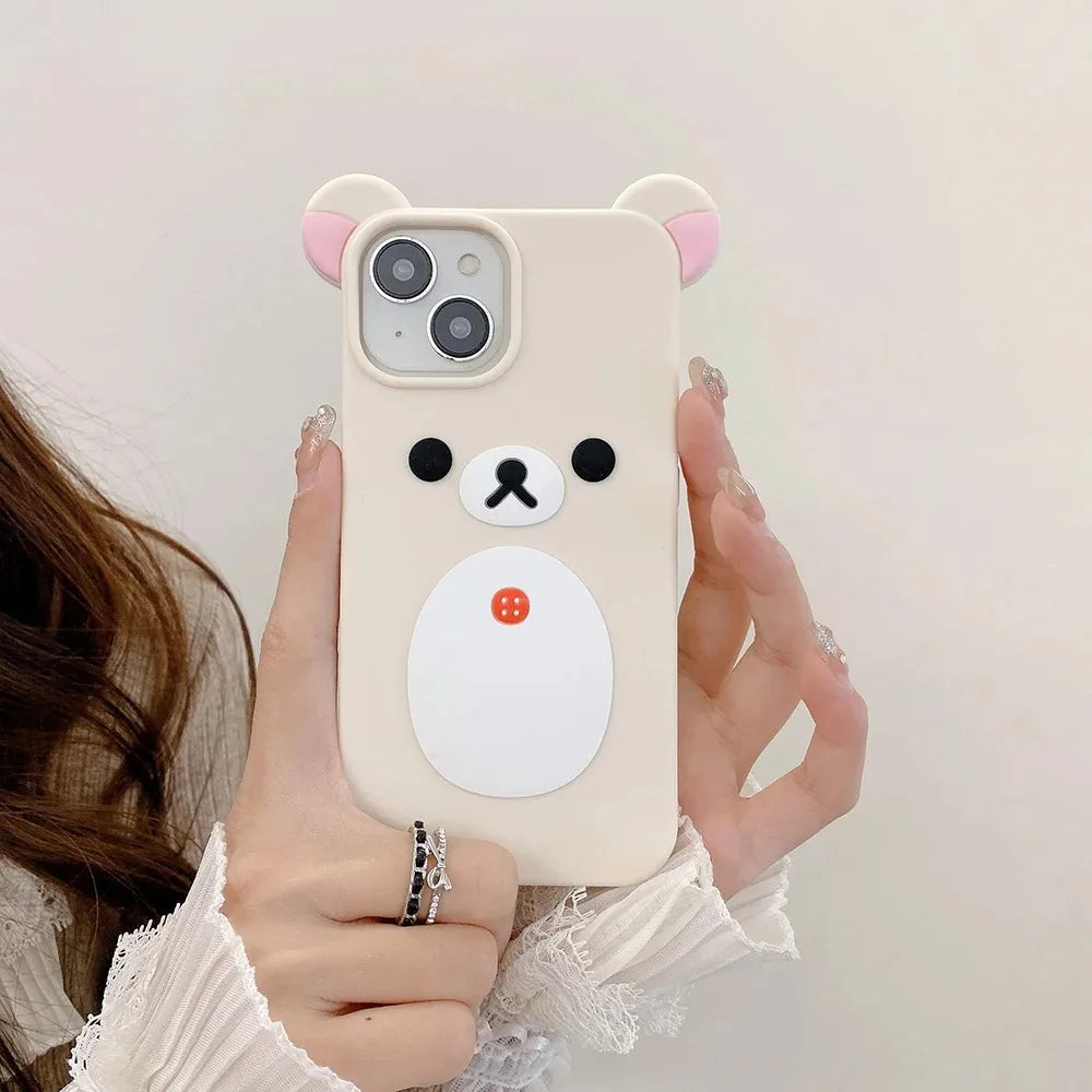 Fashion Cute 3D Cartoon Rilakkuma Bear Soft Silicone Phone Case Back Cover for iPhone 11 12 13 14 15 16 Pro Max
