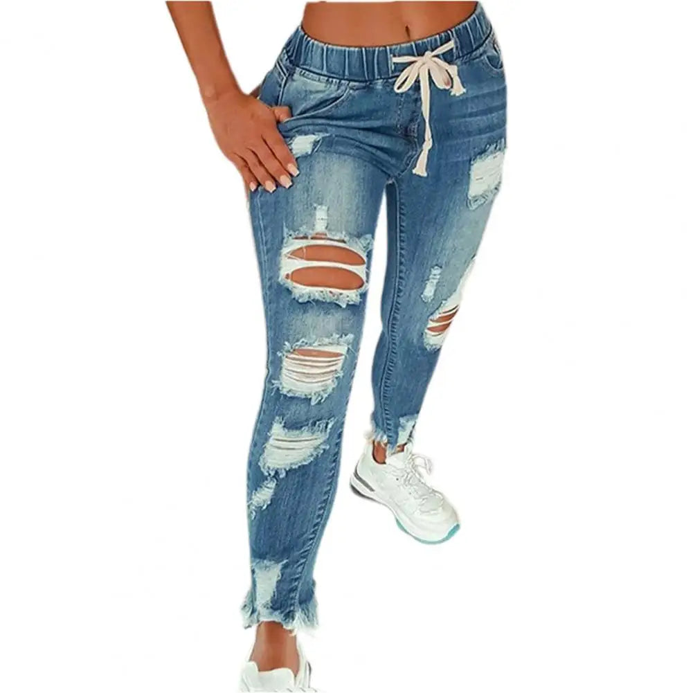 Womens Stretch Skinny Ripped Hole Washed Denim mom Jeans Female Slim Jeggings High Waist Pencil Pants Trousers