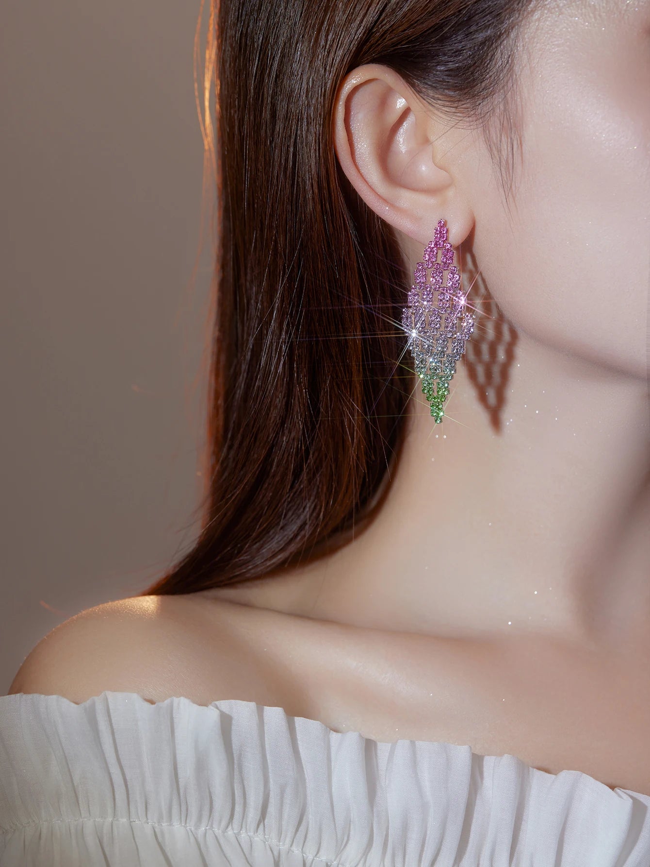 Shiny Multicolored Crystal Long Drop Earrings For Women Brides Classic Geometry Square Dangle Earring Wedding Party Jewelry Gift