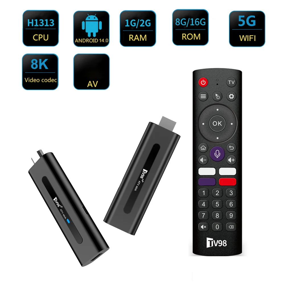 Android 14.0 TV Stick TV98 ATV Smart TV Box 8K Video BT5.0 2.4G 5G WiFi Media Player Allwinner H313 2GB 16GB Voice Remote TV Box