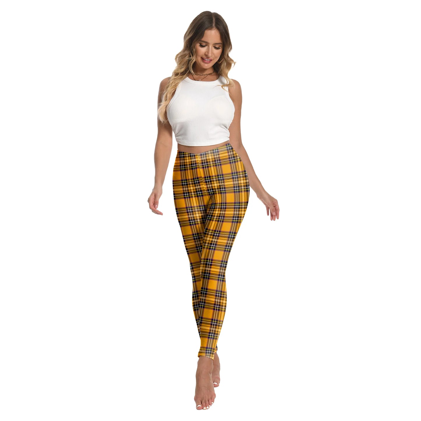Zawaland Women Pants Yellow Tartan 3D Printing Leggings Halloween Stripe Trousers Female Elastic Tights Mid Waist Long Pants