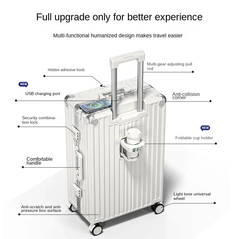 20/22/24 Inch Travel Suitcase Rolling Luggage Aluminum Frame Boarding Trolley Case With wheels Carry-on Luggage with Cup holder