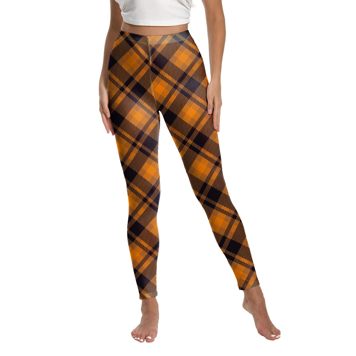 Zawaland Women Pants Yellow Tartan 3D Printing Leggings Halloween Stripe Trousers Female Elastic Tights Mid Waist Long Pants