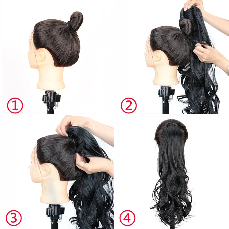 Synthetic 22Inch Long Wavy Curly Layered Ponytail Drawstring Clip in Hairpiece Black Blonde Hair for Women