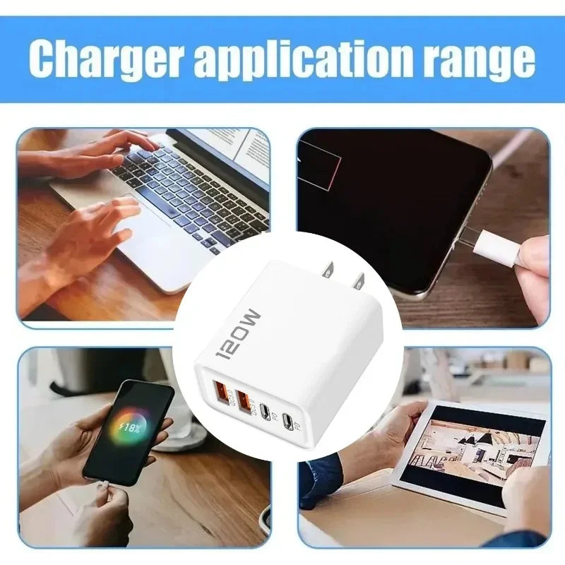 120W 4 Port USB Type C Charger Fast Charging Data Cable USB Phone Charger Adapter for Samsung IPhone Xiaomi Huawei Wall Charger