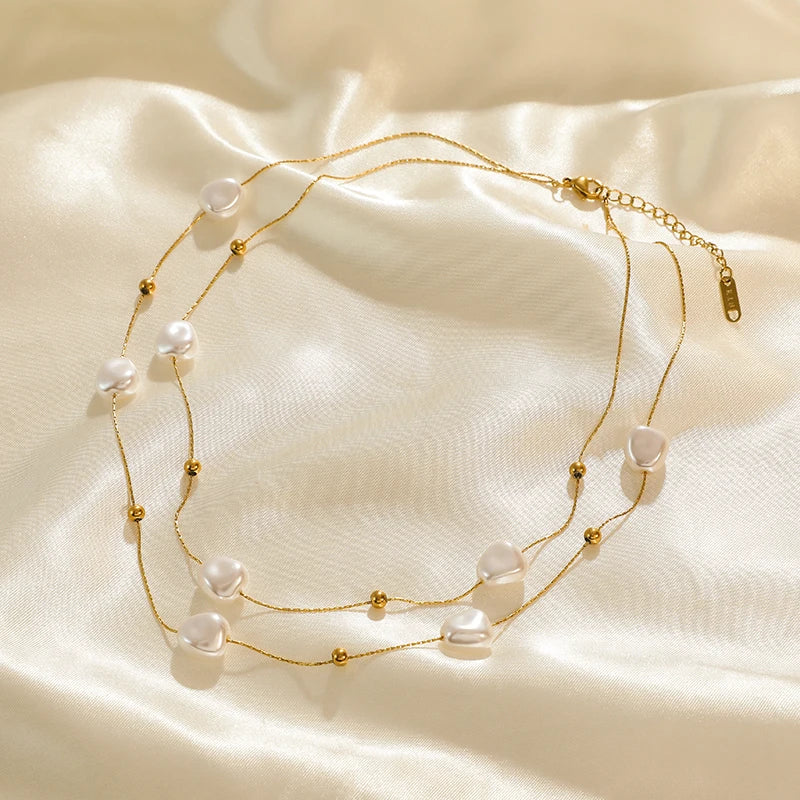 EILIECK 316L Stainless Steel Double Layer Irregular Pearl 2in1 Chains Necklace For Women Fashion Girls Clavicle Chain Jewelry