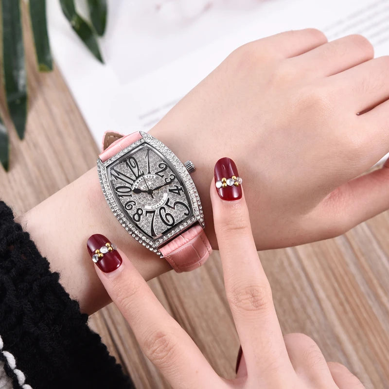 Fashion Unique Design Luxury Diamond Crystal Women Watches Colorful Leather Strap Quartz Girl Ladies Clock Dress Wristwatch