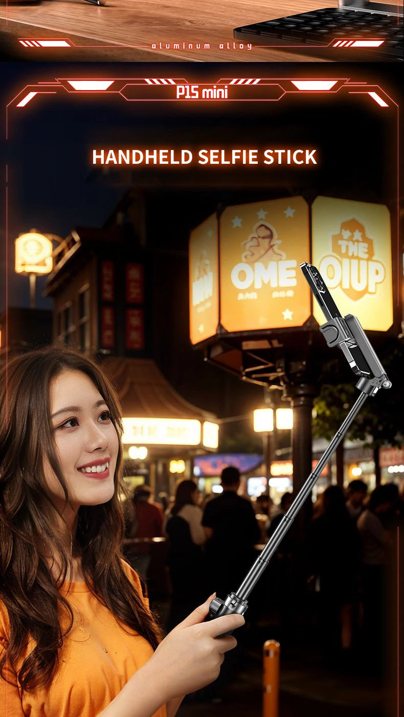 P15Mini Selfie Stick Tripod 3 in 1  Extendable Grip Phone Tripod with Detachable Remote for Vlog Livestreaming Photography