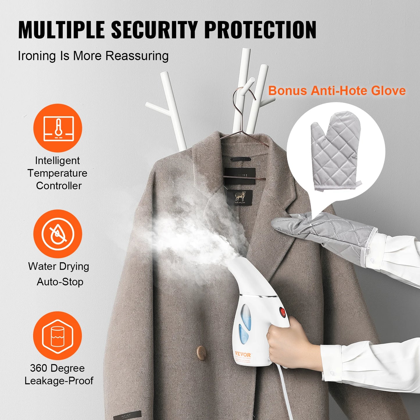 VEVOR Portable Handheld Fabric Steamer 900W Quick Heat Steamer for Clothes Wrinkle Remover Clothing Iron Garment Steam Cleaner