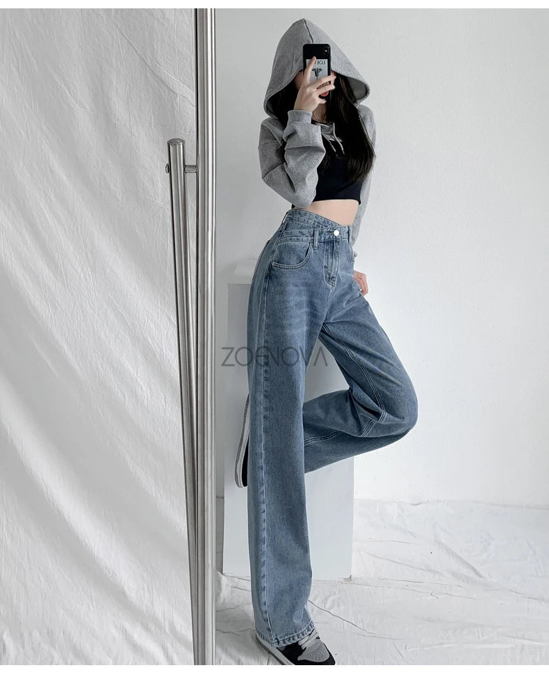 ZOENOVA Y2K 2023 Women Clothing Cross Waist Straight Wide Leg Pants Chic Korean Casual Commuting Style Baggy Streetwear Jeans