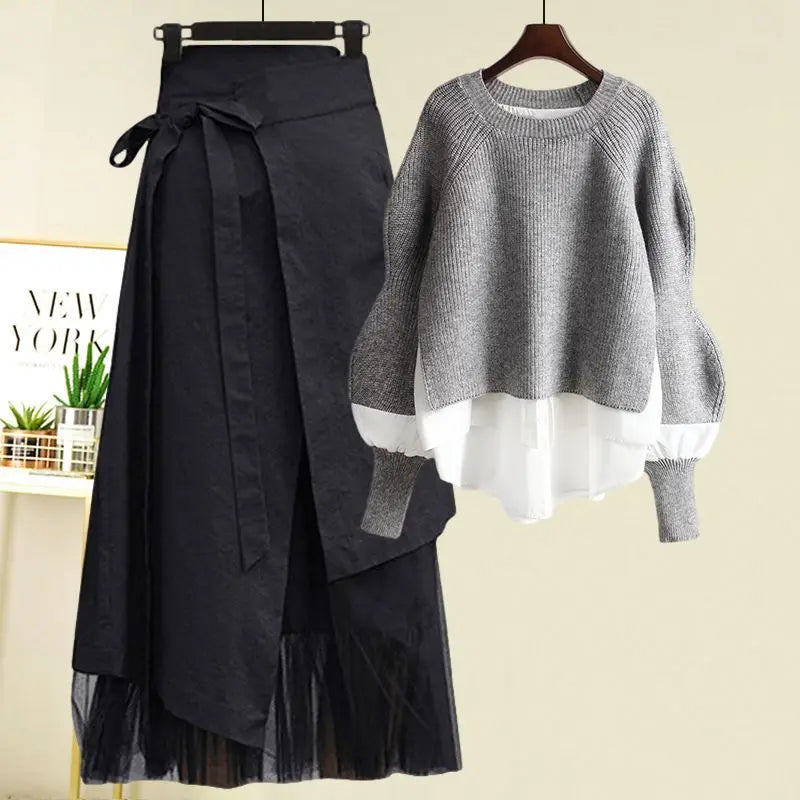 Women's Spring Autumn New Fashion Fake Two Piece Knit Sweater+Strap A-line Skirt Suit Korean Elegant Pullover Dress Matching Set