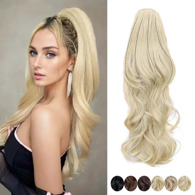 Synthetic 22Inch Long Wavy Curly Layered Ponytail Drawstring Clip in Hairpiece Black Blonde Hair for Women