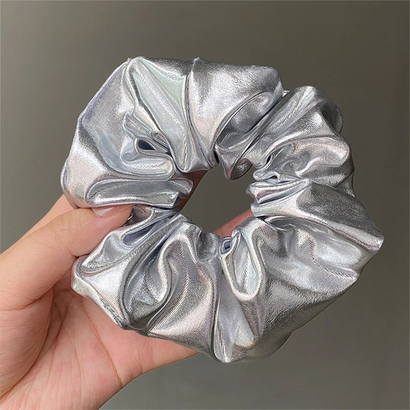 Silver Leather Large Intestine Hair Band Y2k Punk Personality Scrunchies Headwear High Ponytail Hair Band Hair Accessories New