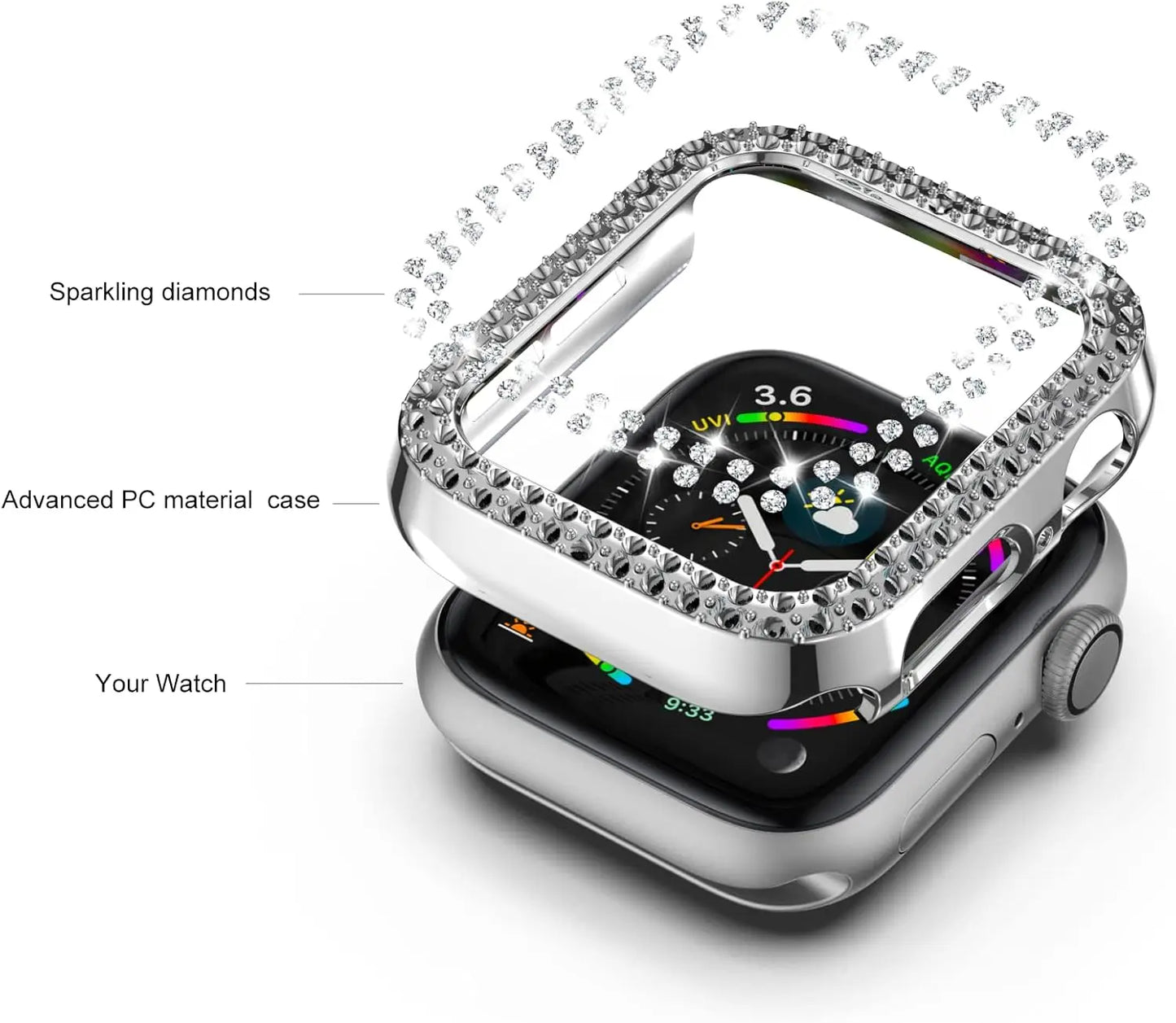 Bling Case for Apple Watch Series 9 8 7 6 5 4 3 2 1 SE(No Screen), Women Glitter Rhinestone Protector Frame.