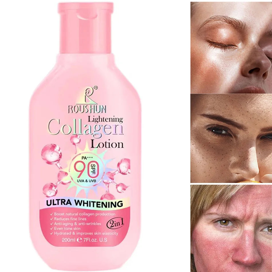 200ml Sunblock Lotion Sunscreen Collagen SPF90 UVA&UVB Ultra Whitening Reduce Fine Lines Even Tone Skin Improves Skin Elasticity