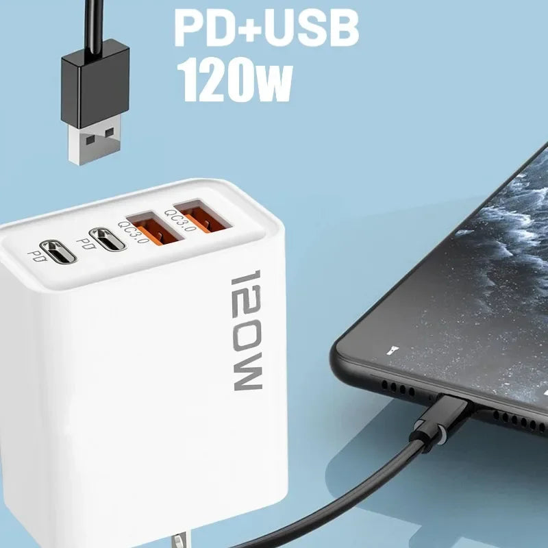 120W 4 Port USB Type C Charger Fast Charging Data Cable USB Phone Charger Adapter for Samsung IPhone Xiaomi Huawei Wall Charger