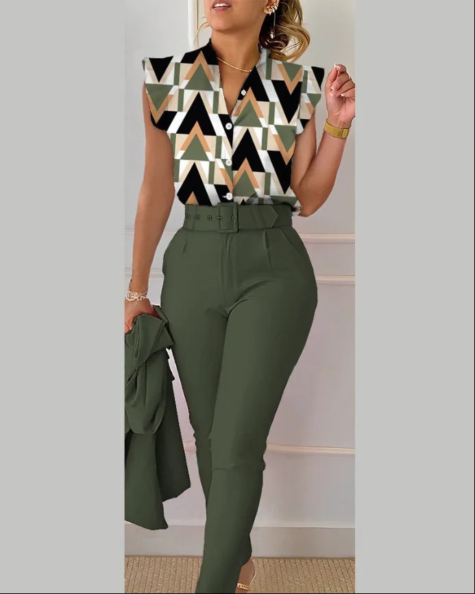 Womens Elegant Slim Two-Piece Sets Summer Fashion Print V Neck Button Flying Sleeve Shirt Top & Solid Long Pants Suits With Belt