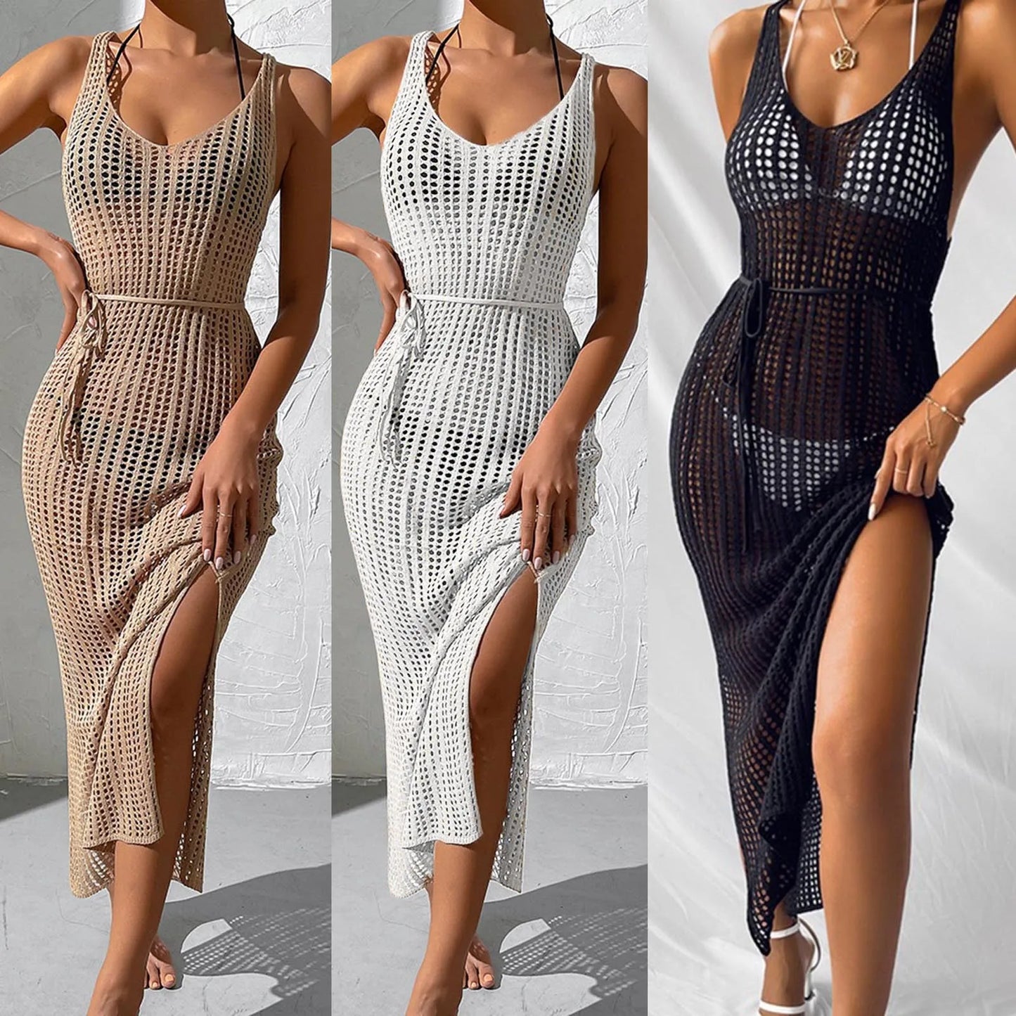 Women Sexy Party Night Backless V Neck Split Long Dress Sheer Mesh Long Dress Suit Cover up Summer Solid Mesh Beach Womens Dress