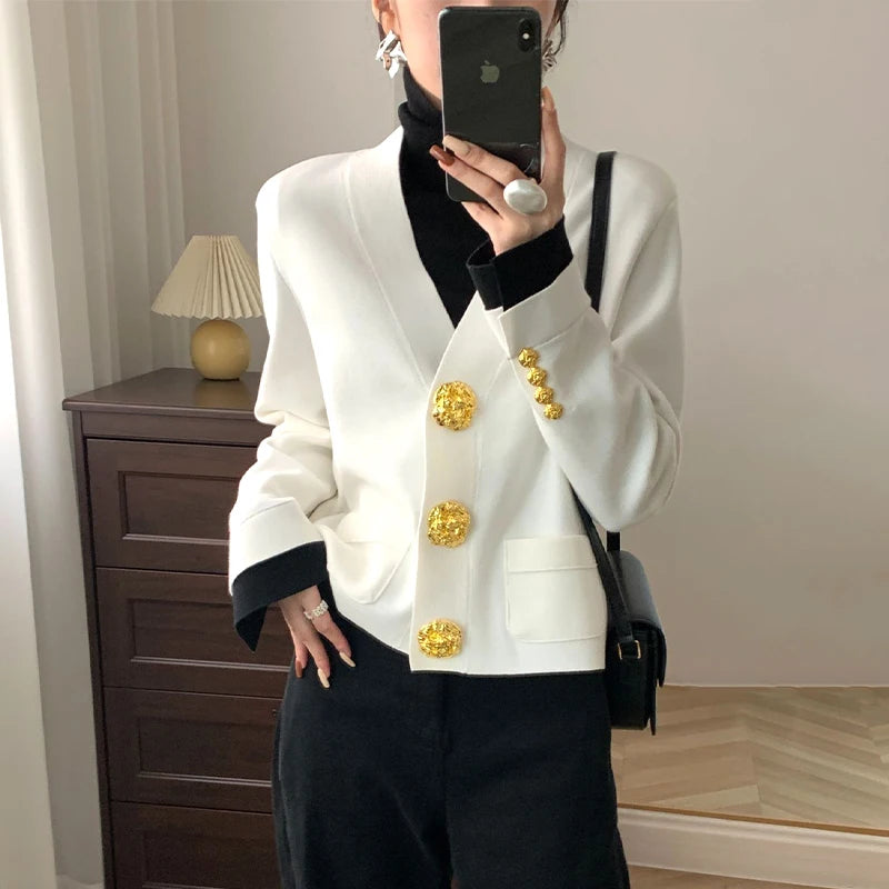 Luxury Designer Brand V-neck Knit Cardigan Sweater Coat Women Tops Fashion Elegant Chic 2024 Spring Autumn Clothing Y2k Clothes