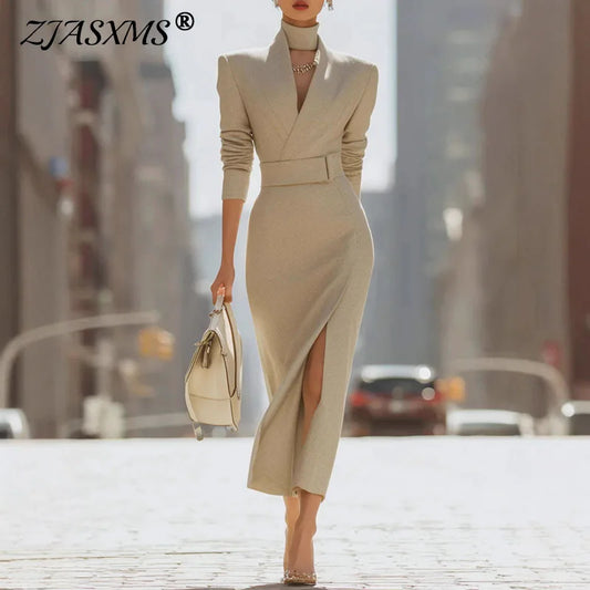 Elegant Solid Slim Belt V Neck Hip Dress Woman Autumn Winter Long Sleeve Split Office Dresses Sexy Boho High Waist Evening Dress
