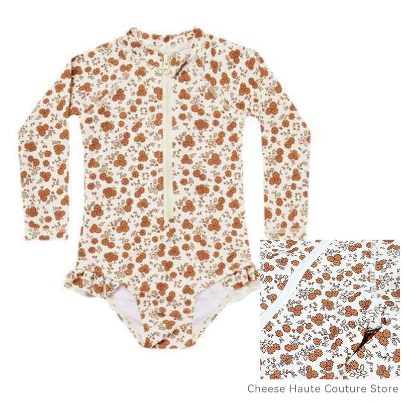 RC Baby Girls Swimwears 1-12y Kids Long Sleeve Sunscreen Floral Toddler Swimming Swimsuit Striped Bikini Suits 2022 Hot Clothes